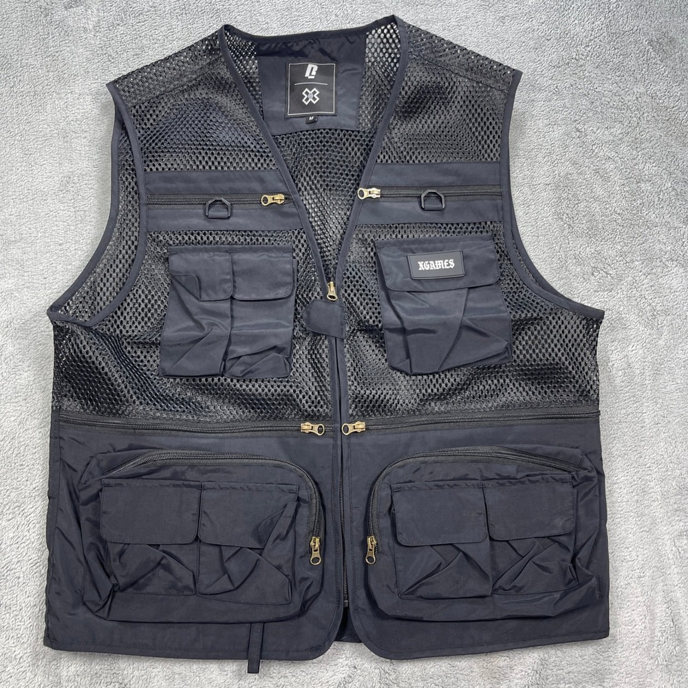 X Games Vest Men Medium Black XGames Utility Mesh Gorpcore Tactical Multi-Pocket